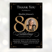Black Gold Photo 80th Birthday Thank You Card