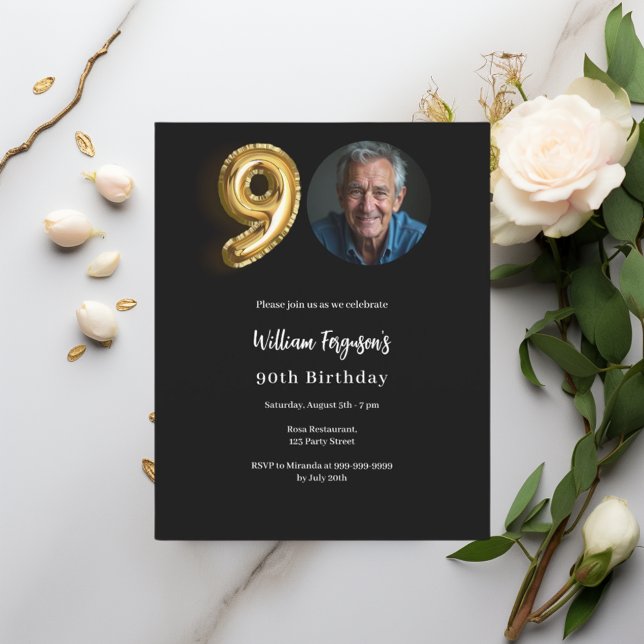 Black gold photo 90th birthday invitation (Creator Uploaded)