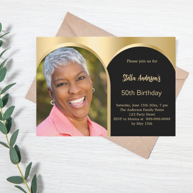 Black gold photo arch birthday invitation (Creator Uploaded)