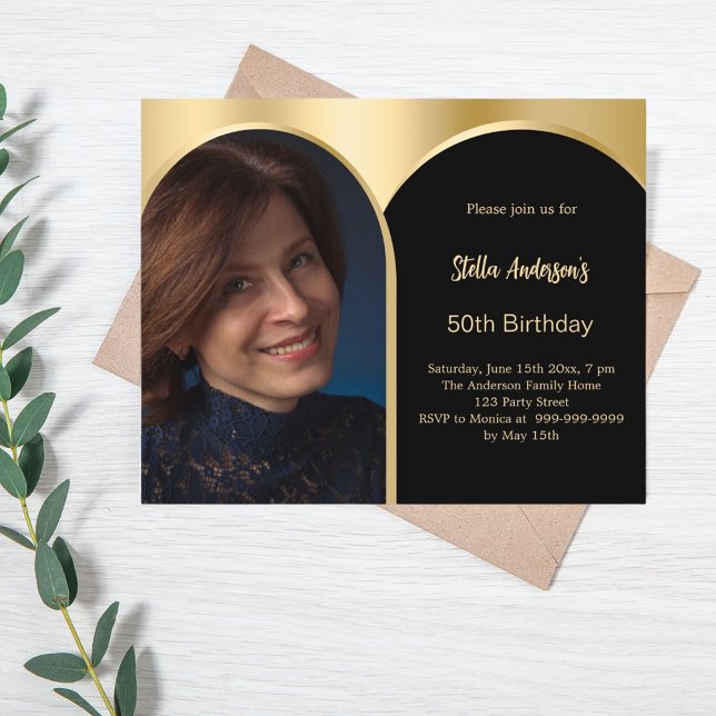 Black gold photo arch birthday invitation (Creator Uploaded)