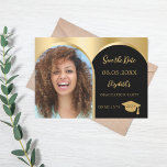 Black gold photo arch Graduation Party Save The Date<br><div class="desc">A photo Save the date card for a graduation party. On front: Add your own vertical size photo of the graduate. Faux gold photo arch frame. A golden and black background, golden text. Templates for a name and date. The name and the text: Save the Date are written with a...</div>