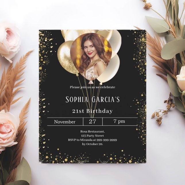 Black gold photo balloons birthday invitation (Creator Uploaded)