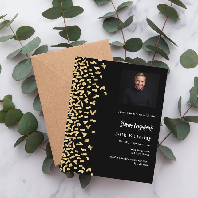 Black gold photo birthday invitation (Creator Uploaded)