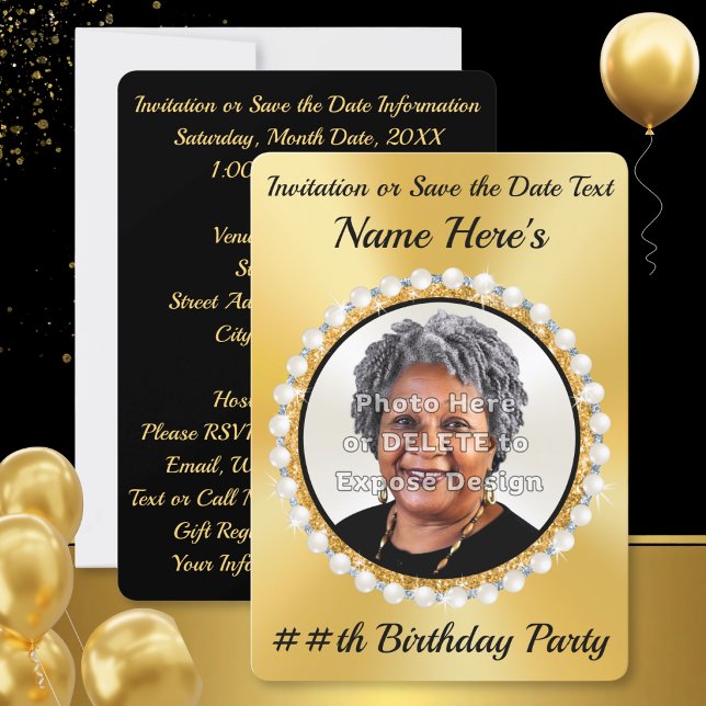 Black Gold, PHOTO Birthday Invitations, Save Dates Invitation (Black and gold, elegant save the dates. Gold and black birthday invitations. Photo birthday invites.)
