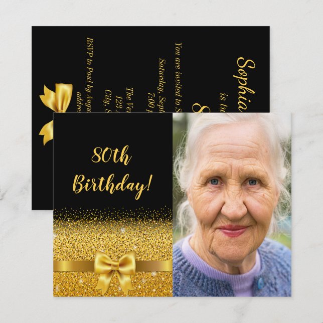 Black gold photo bow 80th birthday invitation (Front/Back)