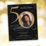 Black Gold Photo Budget 50th Birthday Invitation<br><div class="desc">Black Gold Photo Budget 50th Birthday Invitation. And elegantly designed special birthday celebration invitation,  featuring a custom photo of birthday person and script calligraphy with vintage flourish elements. Simple enough to fit a variety of themes and colours!
Need help? Simply contact me!</div>