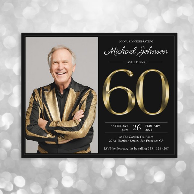 Black Gold Photo Budget 60th Birthday Invitation (Mockup View)