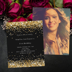 Black gold photo budget birthday invitation