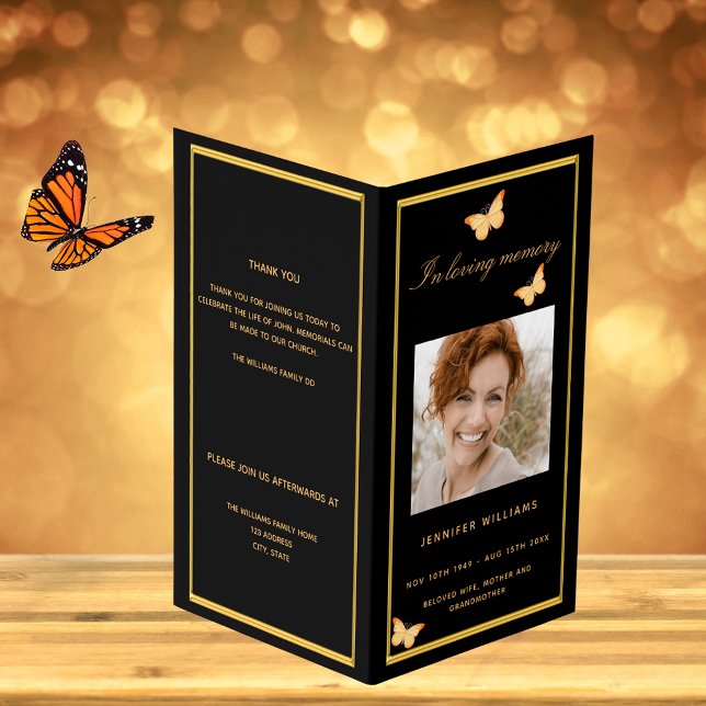 Black gold photo butterfly funeral program (Creator Uploaded)