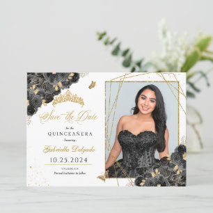 Black & Gold Photo Card Quinceañera Save The Date