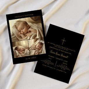 Black & Gold Photo Collage Gender Neutral Baptism Invitation