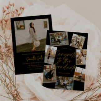 Black & Gold Photo Collage Graduation Invitation