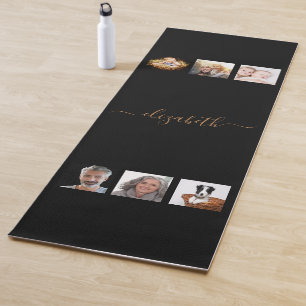 Black gold photo collage name script elegant yoga mat