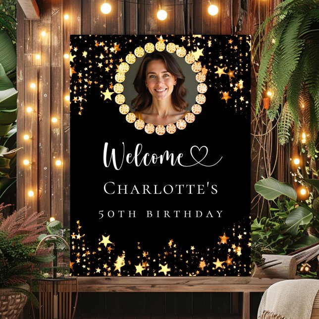 Black gold photo diamonds birthday party welcome poster (Creator Uploaded)