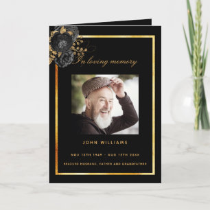 Black gold photo elegant floral funeral program thank you card