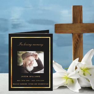 Black gold photo elegant funeral program thank you card