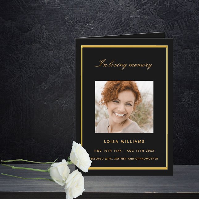 Black gold photo funeral program card (Creator Uploaded)