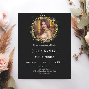 Black gold photo glitter birthday invitation