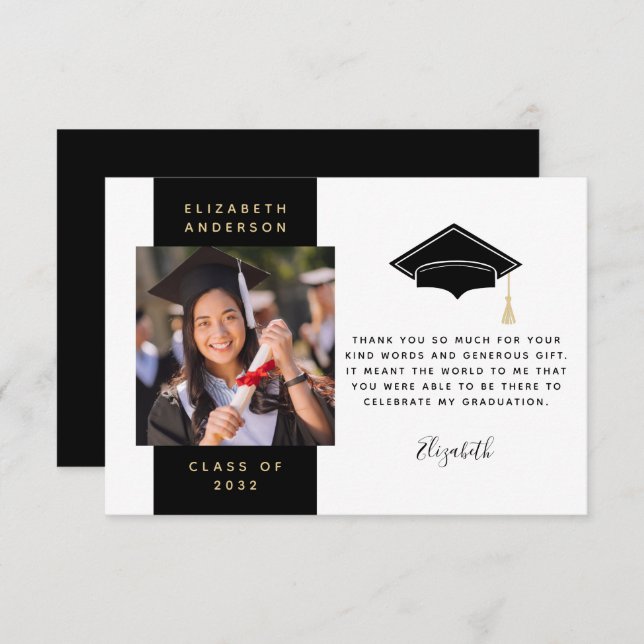 Black Gold Photo Graduation Cap  Thank You Card (Front/Back)