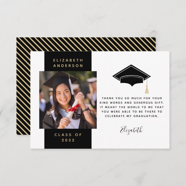 Black Gold Photo Graduation Cap Thank You Card (Front/Back)