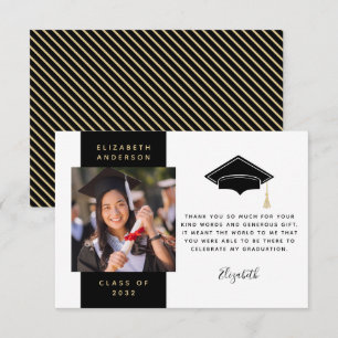 Black Gold Photo Graduation Cap Thank You Card