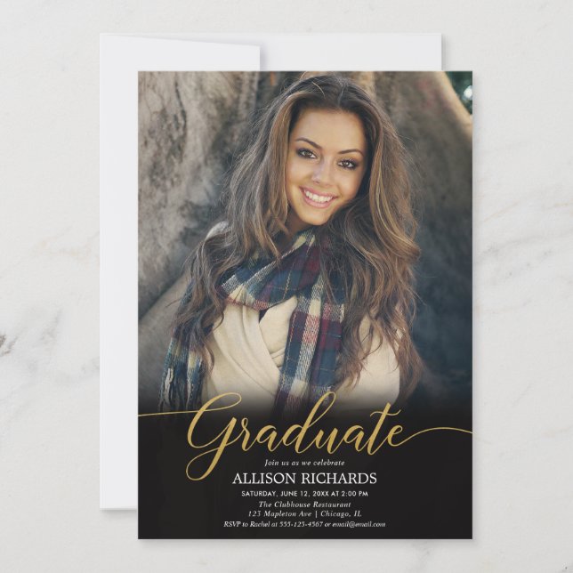 Black gold photo graduation party, modern elegant invitation (Front)