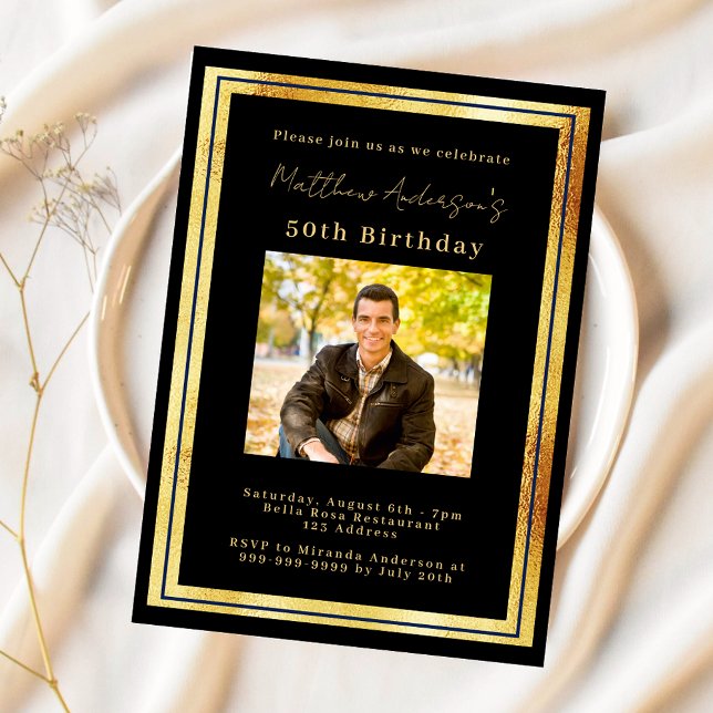 Black gold photo luxury birthday invitation (Creator Uploaded)