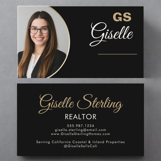 Black Gold Photo Monogram Luxury Realtor  Business Card (Creator Uploaded)