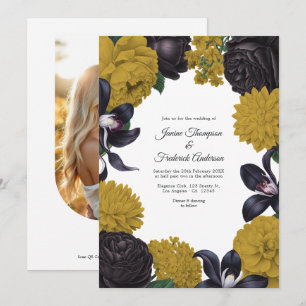 Black & Gold Photo/QR Code Floral Wedding Invitation