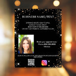 Black gold photo qr code instagram business flyer<br><div class="desc">Personalise and add your business name,  address,  your text,  photo,  your own QR code to your instagram account. Black background,  white text. Decorated with faux gold glitter sparkles.</div>