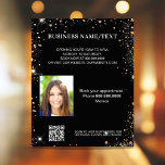 Black gold photo qr code promotion business flyer<br><div class="desc">Personalise and add your business,  name,  address,  your text,  photo,  your own QR code to your website. Black background,  white text. Decorated with faux gold glitter sparkles.</div>