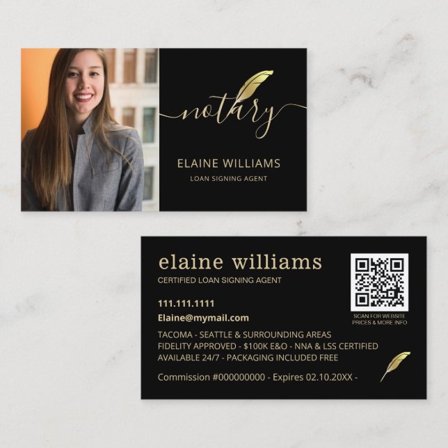 Black Gold Photo QR Notary Loan Signing Agent  Business Card (Front/Back)