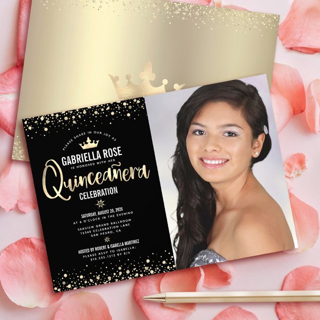 Black Gold Photo Quinceañera Glitter Tiara Girly Invitation (Creator Uploaded)