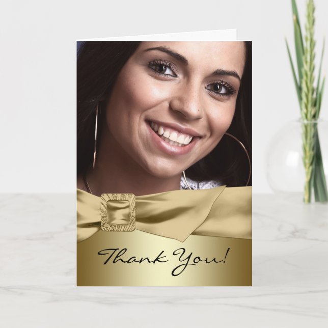 Black Gold Photo Quinceanera Thank You Cards (Front)