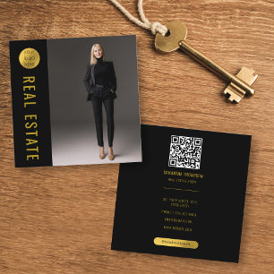 Black & Gold Photo Real Estate Agent QR Code Square Business Card