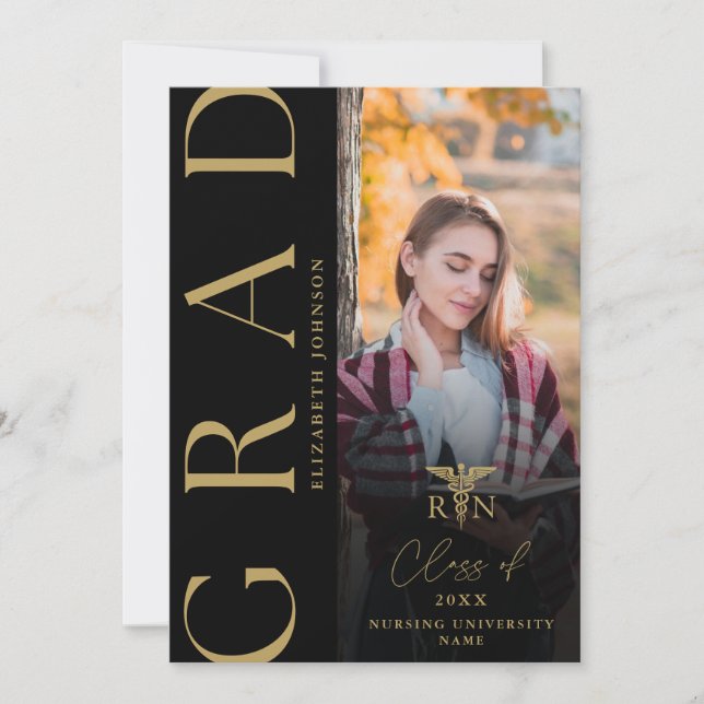 Black Gold Photo RN Nurse Graduation Announcement (Front)