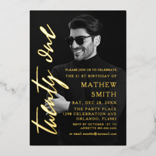 Black & Gold Photo Scrit 21'st Birthday Invitation