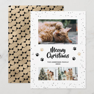 Black Gold Photo Snow Paws Meowy Christmas Card