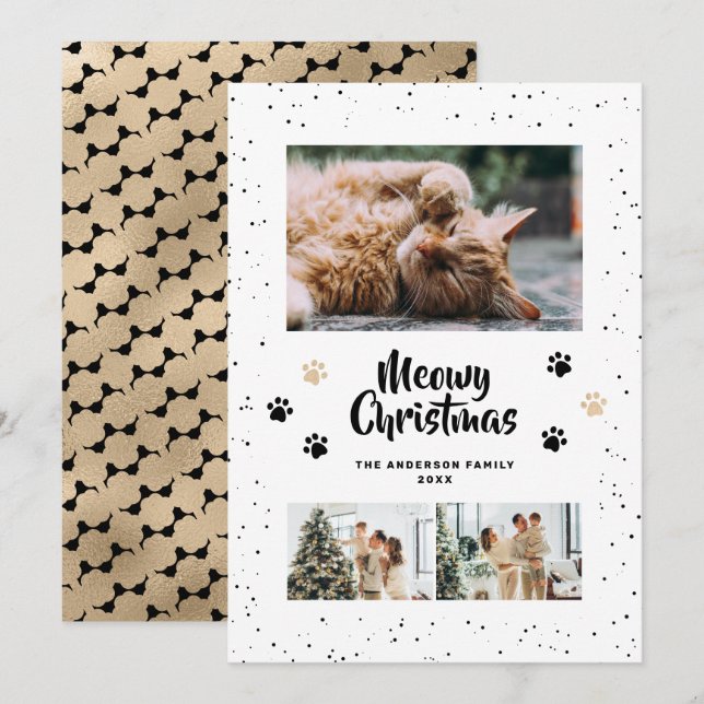 Black Gold Photo Snow Paws Meowy Christmas Card (Front/Back)