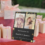Black gold photo stars 2 persons birthday welcome pedestal sign<br><div class="desc">A photo welcome sign for 2 persons,  friends,  sisters,  twins.  A black background,  decorated with faux gold stars. Personalise and add 2 photos,  names and date(s)</div>