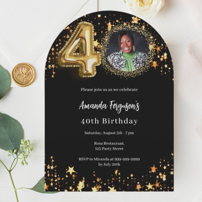 Black gold photo stars 40th birthday arch invitation (Creator Uploaded)