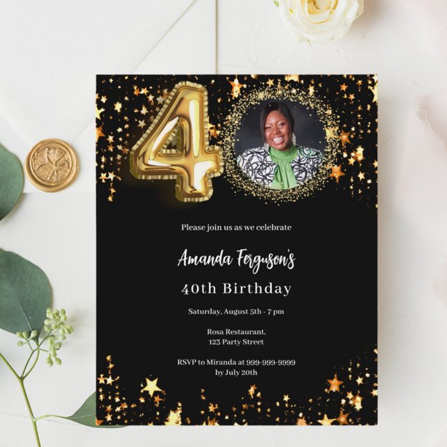 Black gold photo stars 40th birthday invitation (Creator Uploaded)
