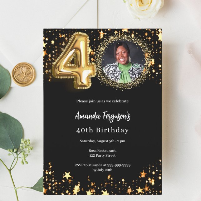 Black gold photo stars 40th birthday invitation (Creator Uploaded)