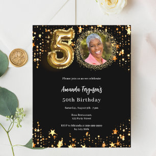 Black gold photo stars 50th birthday invitation