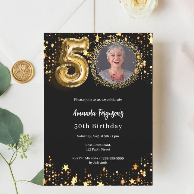 Black gold photo stars 50th luxury birthday invitation (Creator Uploaded)