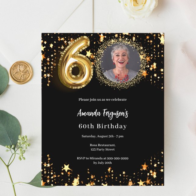 Black gold photo stars 60th birthday invitation (Creator Uploaded)