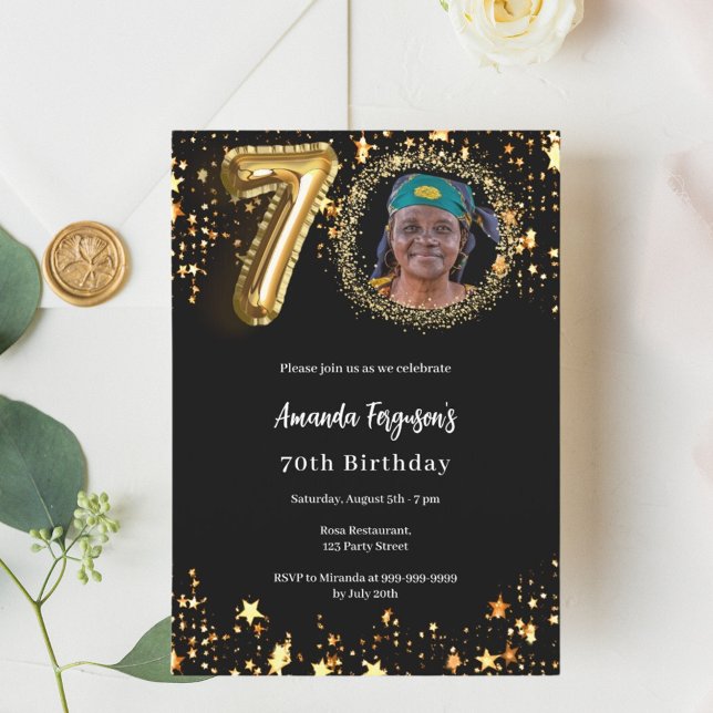 Black gold photo stars 70th birthday invitation (Creator Uploaded)