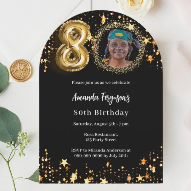 Black gold photo stars 80th birthday arch invitation (Creator Uploaded)