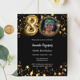 Black gold photo stars 80th birthday invitation