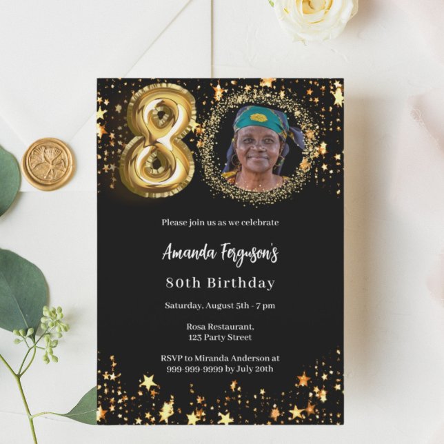 Black gold photo stars 80th birthday invitation (Creator Uploaded)